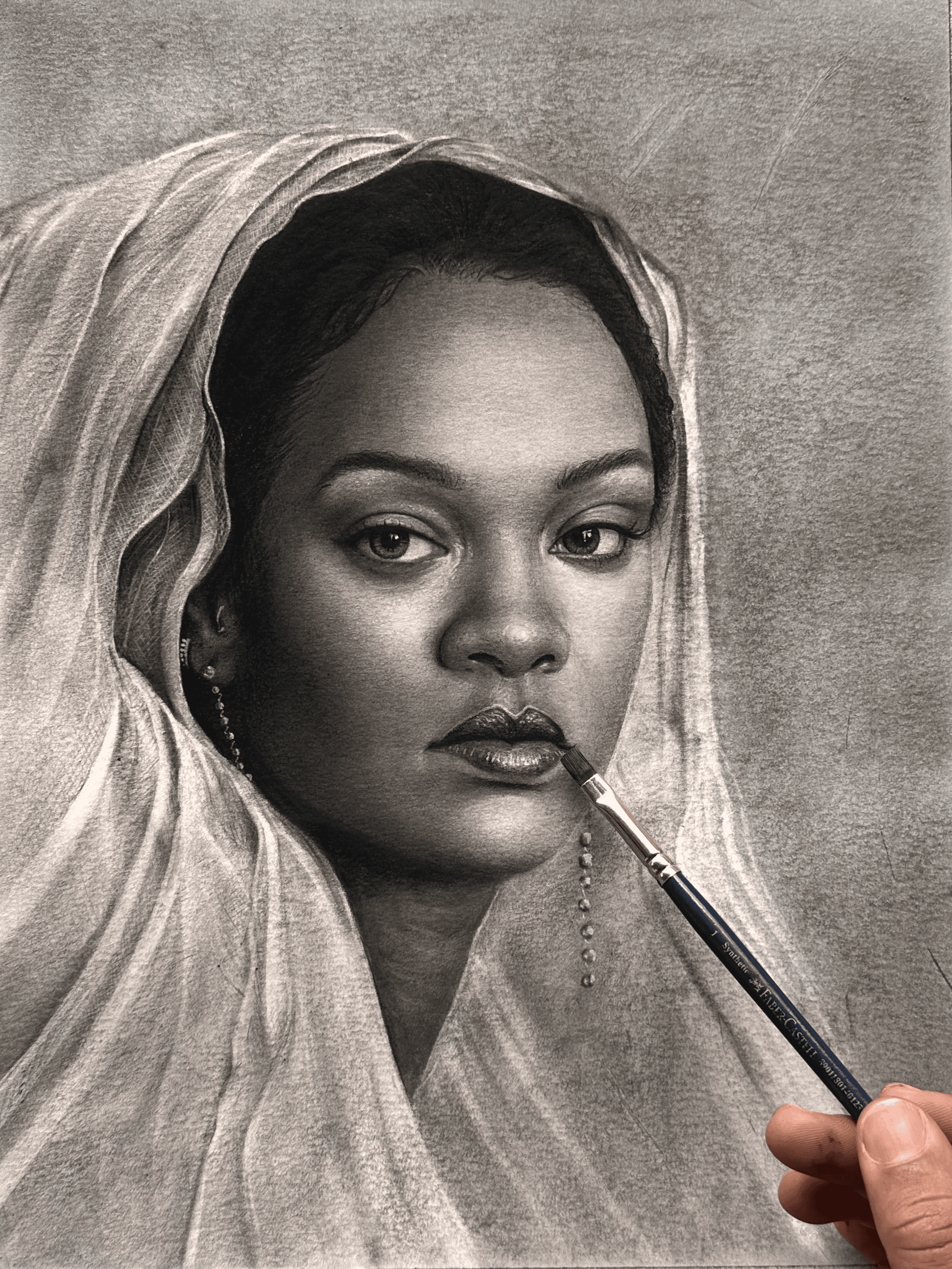 Detailed charcoal portrait of a woman in a headscarf, refined with a brush